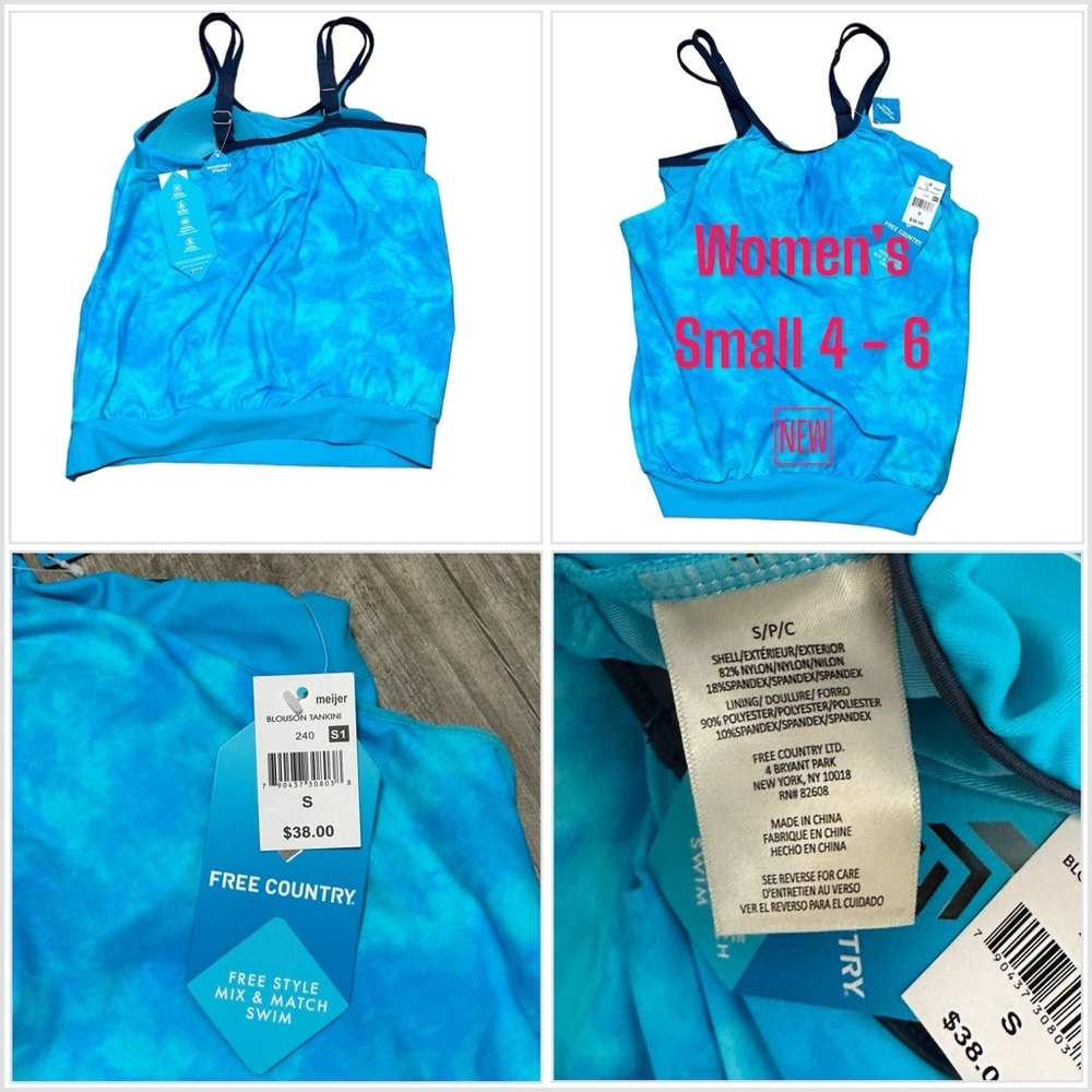 Women’s Free Country Small Tankini Padded Cup Swim Swimwear Tank Top Blouson NWT